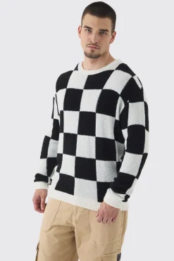 Tall Boucle Knit Checkered Crew Neck Jumper | BoohooMAN UK