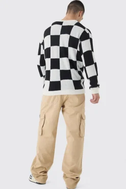 Tall Boucle Knit Checkered Crew Neck Jumper | BoohooMAN UK