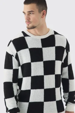 Tall Boucle Knit Checkered Crew Neck Jumper | BoohooMAN UK