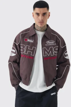 Tall Boxy Badge Twill Moto Jacket In Chocolate | BoohooMAN UK