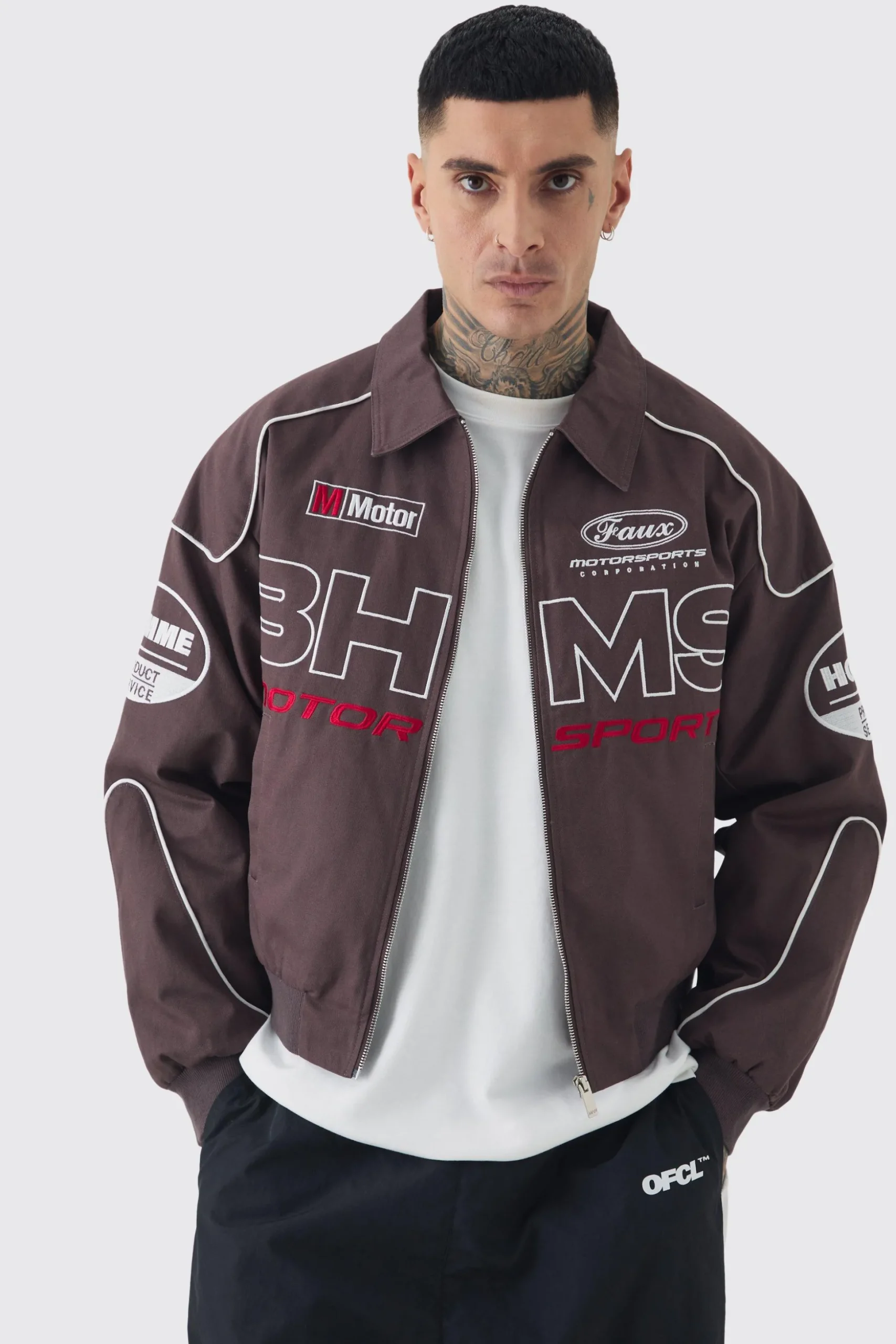 Tall Boxy Badge Twill Moto Jacket In Chocolate | BoohooMAN UK
