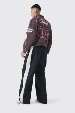 Tall Boxy Badge Twill Moto Jacket In Chocolate | BoohooMAN UK