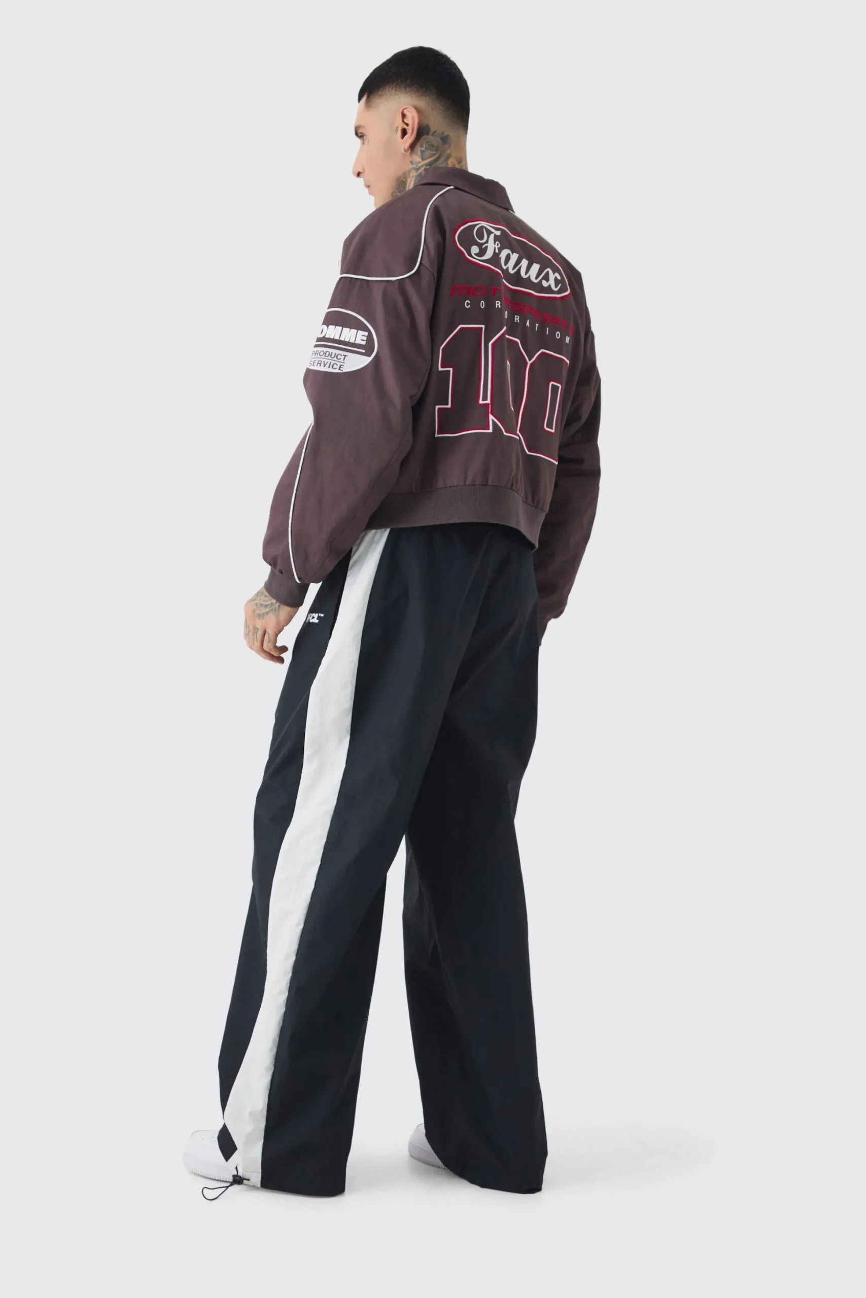 Tall Boxy Badge Twill Moto Jacket In Chocolate | BoohooMAN UK