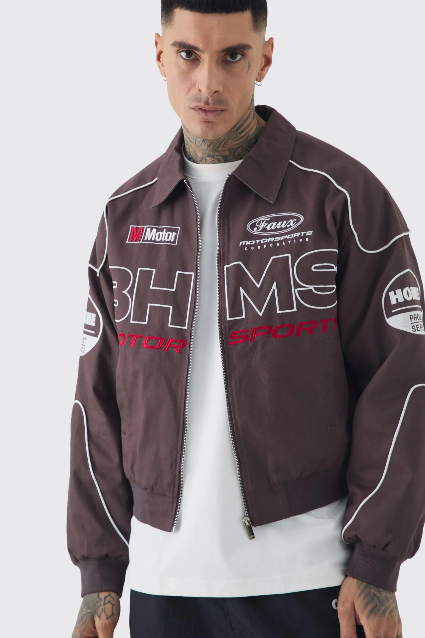 Tall Boxy Badge Twill Moto Jacket In Chocolate | BoohooMAN UK