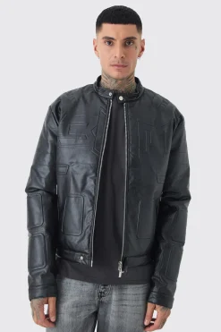 Tall Boxy BHM PU Collarless Moto Biker Jacket In Black | BoohooMAN UK