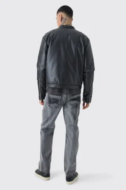 Tall Boxy BHM PU Collarless Moto Biker Jacket In Black | BoohooMAN UK