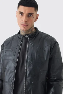 Tall Boxy BHM PU Collarless Moto Biker Jacket In Black | BoohooMAN UK