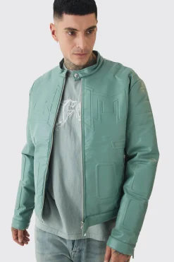 Tall Boxy BHM PU Collarless Moto Biker Jacket In Sage | BoohooMAN UK