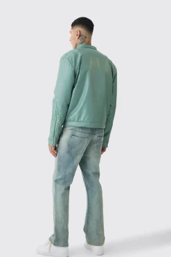 Tall Boxy BHM PU Collarless Moto Biker Jacket In Sage | BoohooMAN UK