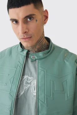 Tall Boxy BHM PU Collarless Moto Biker Jacket In Sage | BoohooMAN UK