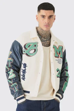 Tall Boxy BM Badge Collared Varsity Jacket In Ecru | BoohooMAN UK