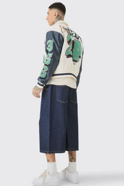 Tall Boxy BM Badge Collared Varsity Jacket In Ecru | BoohooMAN UK