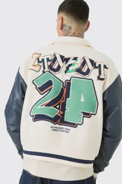 Tall Boxy BM Badge Collared Varsity Jacket In Ecru | BoohooMAN UK
