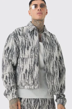 Tall Boxy Fit Fabric Interest Denim Jacket | BoohooMAN UK