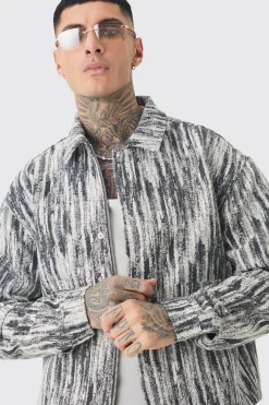 Tall Boxy Fit Fabric Interest Denim Jacket | BoohooMAN UK