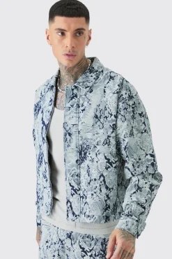 Tall Boxy Fit Fabric Interest Denim Jacket | BoohooMAN UK