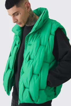 Tall Boxy Fit Hand Weft Padded Gilet In Green | BoohooMAN UK