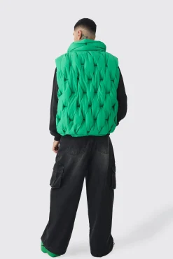 Tall Boxy Fit Hand Weft Padded Gilet In Green | BoohooMAN UK