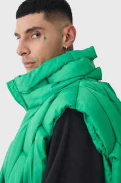 Tall Boxy Fit Hand Weft Padded Gilet In Green | BoohooMAN UK