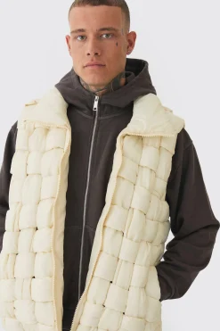 Tall Boxy Fit Hand Weft Padded Gilet In Stone | BoohooMAN UK