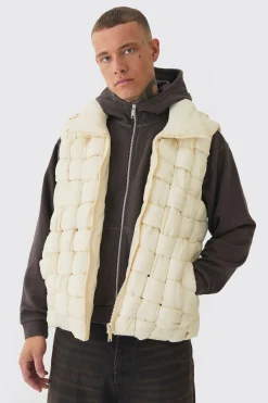 Tall Boxy Fit Hand Weft Padded Gilet In Stone | BoohooMAN UK
