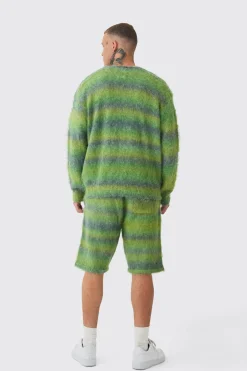 Tall Boxy Fit Knitted Brushed Stripe Cardigan | BoohooMAN UK