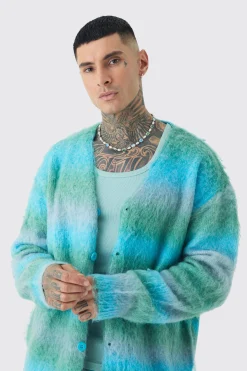 Tall Boxy Fit Knitted Brushed Stripe Cardigan | BoohooMAN UK