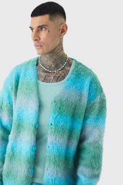Tall Boxy Fit Knitted Brushed Stripe Cardigan | BoohooMAN UK