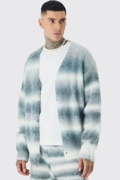 Tall Boxy Fit Knitted Brushed Stripe Cardigan | BoohooMAN UK