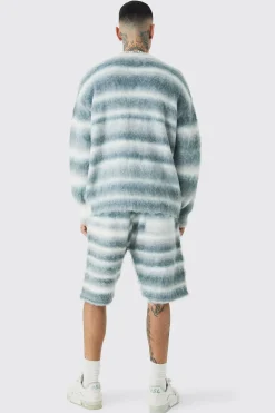Tall Boxy Fit Knitted Brushed Stripe Cardigan | BoohooMAN UK