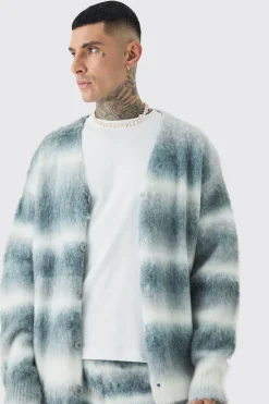 Tall Boxy Fit Knitted Brushed Stripe Cardigan | BoohooMAN UK