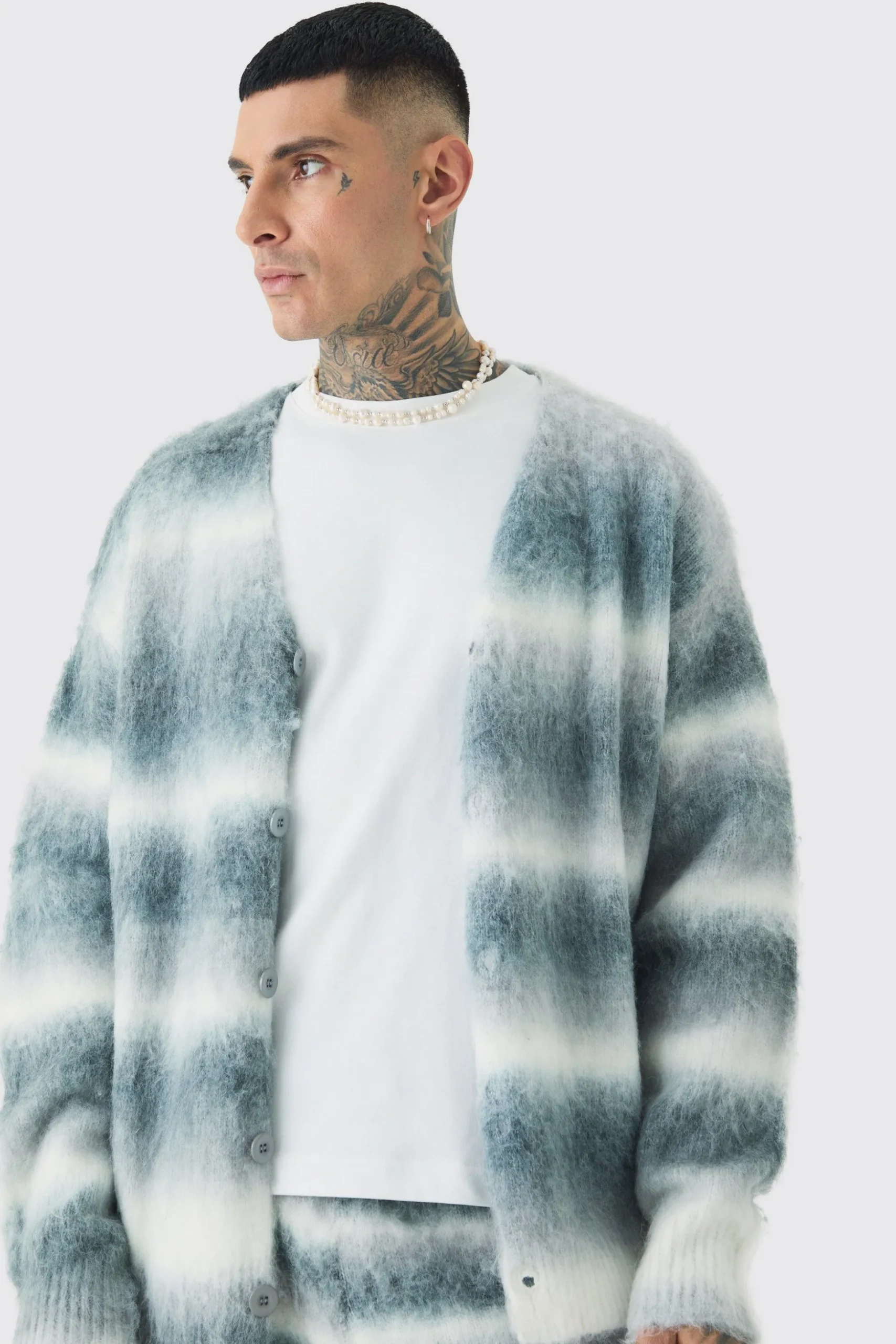 Tall Boxy Fit Knitted Brushed Stripe Cardigan | BoohooMAN UK