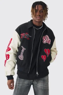 Tall Boxy Heart Applique Varsity Bomber | BoohooMAN UK