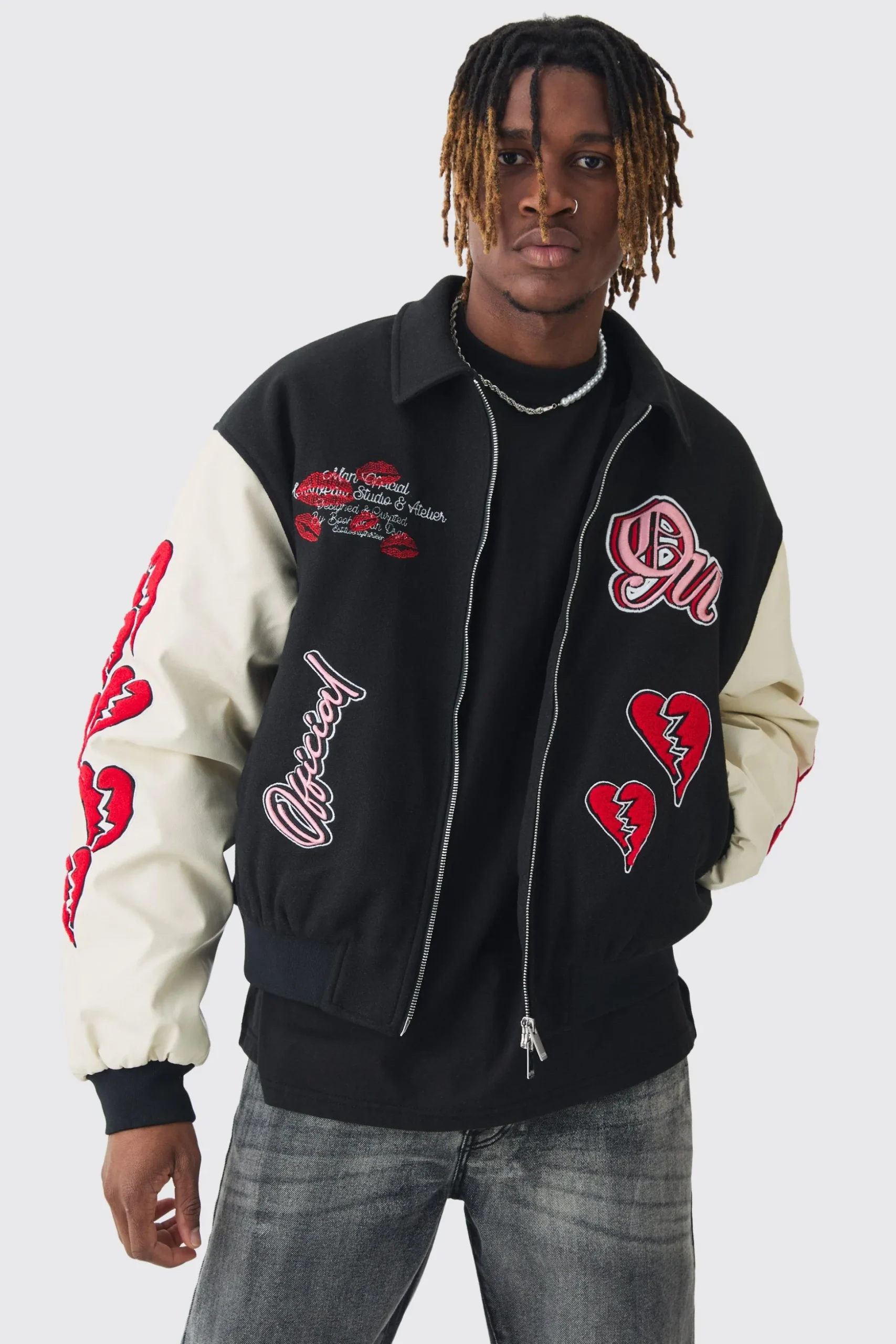 Tall Boxy Heart Applique Varsity Bomber | BoohooMAN UK