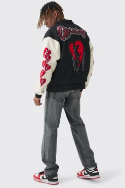 Tall Boxy Heart Applique Varsity Bomber | BoohooMAN UK