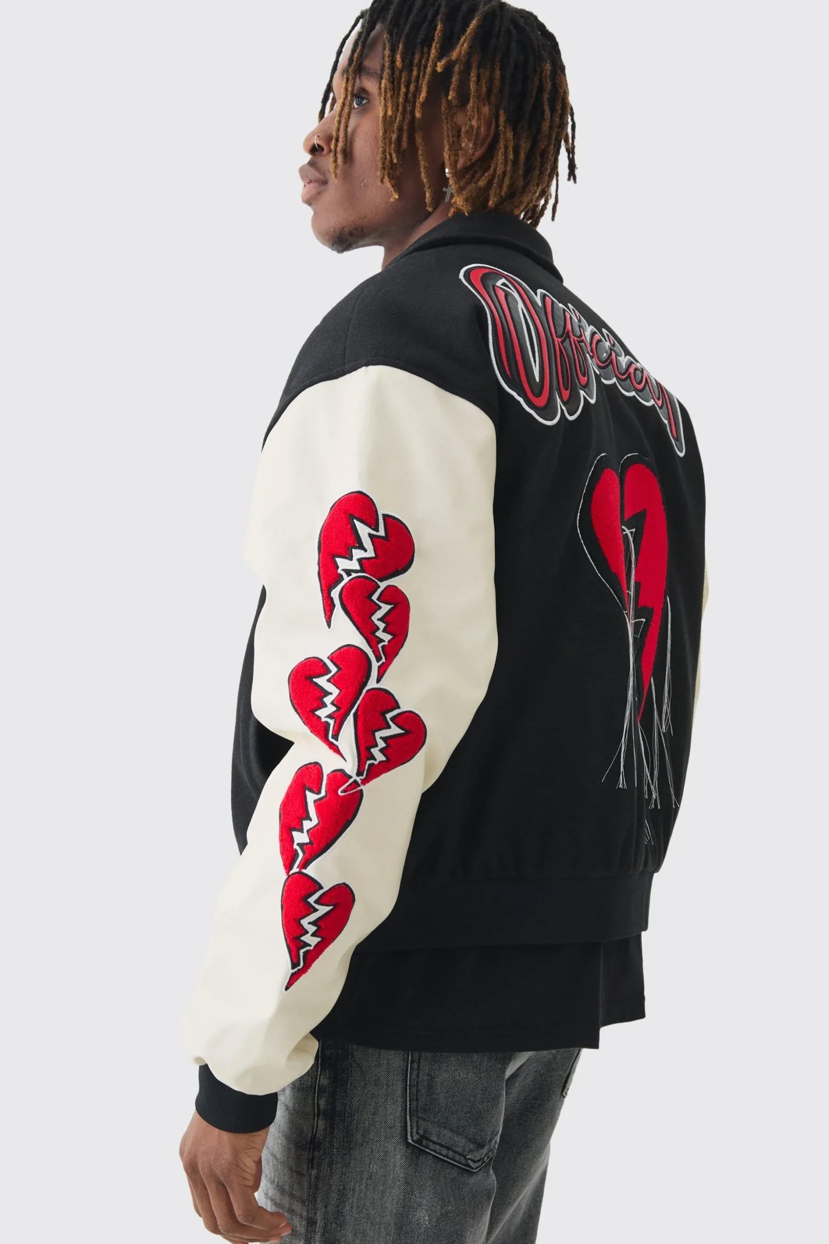 Tall Boxy Heart Applique Varsity Bomber | BoohooMAN UK