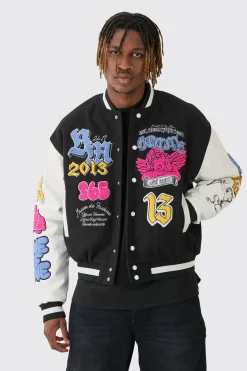 Tall Boxy Homme Badge PU Sleeve Varsity Jacket In Black | BoohooMAN UK