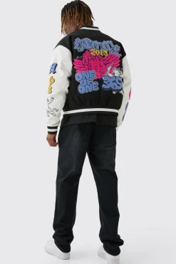 Tall Boxy Homme Badge PU Sleeve Varsity Jacket In Black | BoohooMAN UK