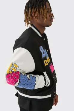 Tall Boxy Homme Badge PU Sleeve Varsity Jacket In Black | BoohooMAN UK