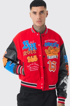 Tall Boxy Homme Badge PU Sleeve Varsity Jacket In Red | BoohooMAN UK