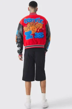 Tall Boxy Homme Badge PU Sleeve Varsity Jacket In Red | BoohooMAN UK
