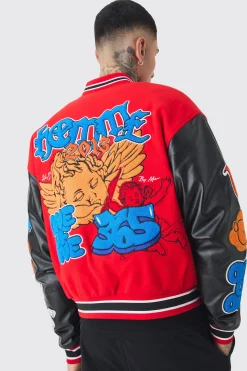 Tall Boxy Homme Badge PU Sleeve Varsity Jacket In Red | BoohooMAN UK
