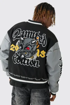 Tall Boxy Limited Badge PU Sleeve Varsity Jacket In Black | BoohooMAN UK