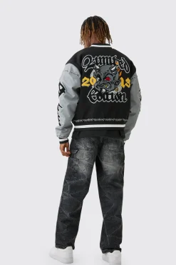 Tall Boxy Limited Badge PU Sleeve Varsity Jacket In Black | BoohooMAN UK