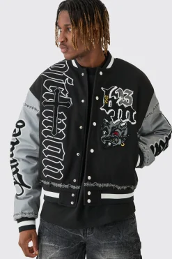 Tall Boxy Limited Badge PU Sleeve Varsity Jacket In Black | BoohooMAN UK