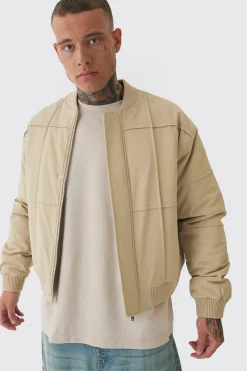 Tall Boxy Panel Padded Nylon Bomber Jacket In Stone | BoohooMAN UK