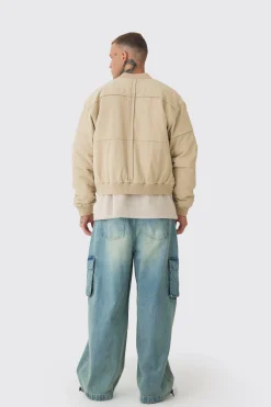 Tall Boxy Panel Padded Nylon Bomber Jacket In Stone | BoohooMAN UK