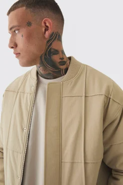 Tall Boxy Panel Padded Nylon Bomber Jacket In Stone | BoohooMAN UK