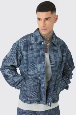Tall Boxy Patch Work Denim Jacket | BoohooMAN UK