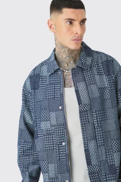 Tall Boxy Patch Work Denim Jacket | BoohooMAN UK